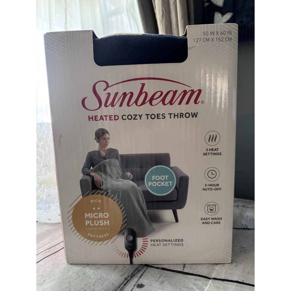 Sunbeam Heated Cozy Toes Throw Micro Blanket Personalized Heat Settings 50"x60"